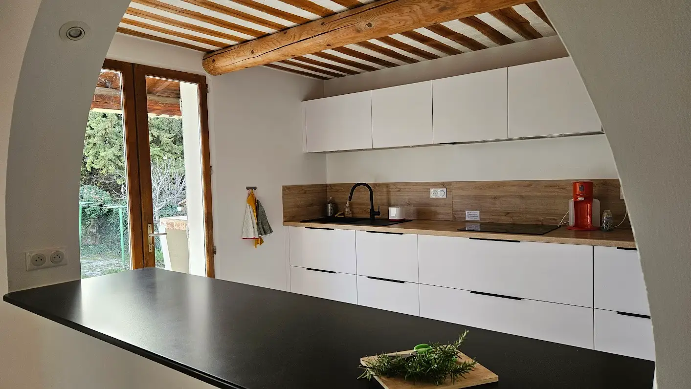 The kitchen and its island