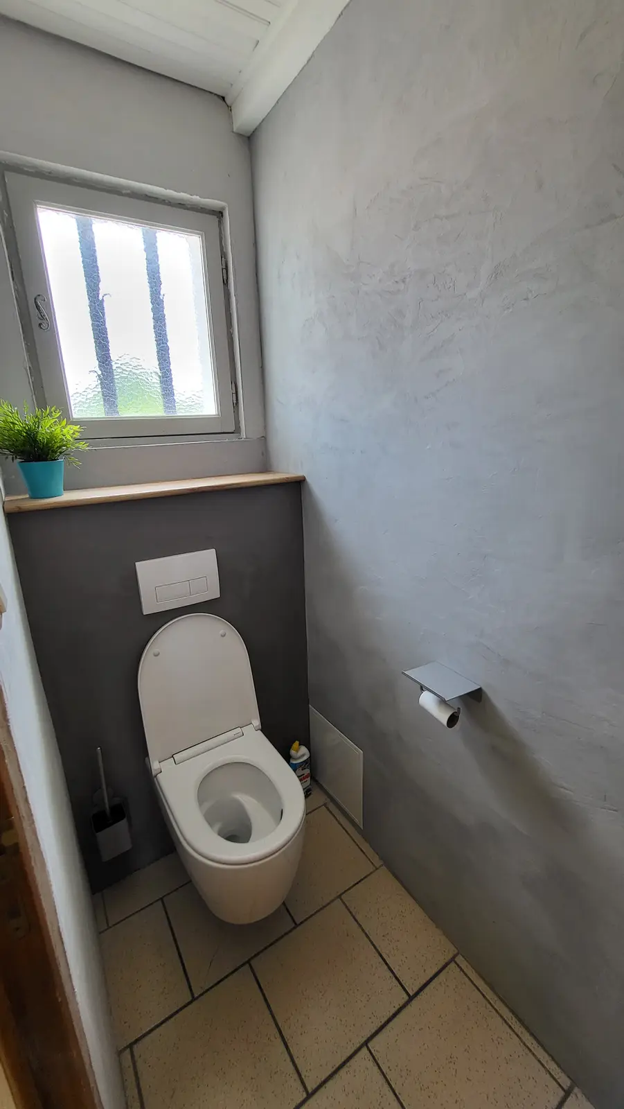 A bright toilet with a window